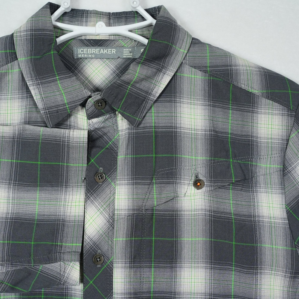 Icebreaker Merino Mens Small Plaid Short Sleeve Button‎ Down Shirt Grey Green
